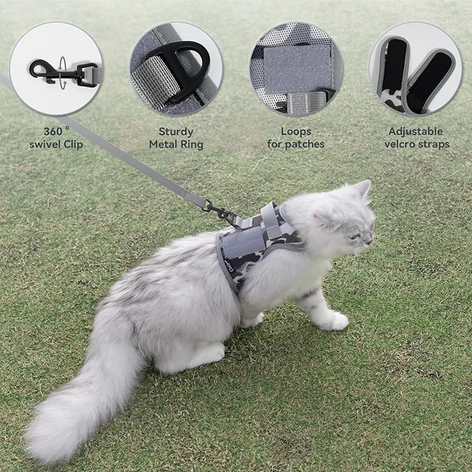 Tactical Kitty Harness and Leash for Walking Escape Proof Breathable Mesh Fabric, City Camo, X-Small, Adjustable Cat Walking Jackets, Padded Stylish Cat Vest
