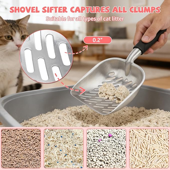 Heavy-Duty Cat Litter Scoop with Holder, Metal Cat Scooper and Detachable Trash Can,Aluminum Kitty Poop Shovel Captures All Clumps,Speed Sifter Litter Box Scooper and Caddy with Lid(Pink)
