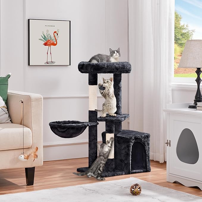 Topeakmart Cat Tree Tower for Indoor Cats, 34.5in Cute Cat Tree Activity Center with Condo & Scratching Post, Multi-Level Cat Climbing Tower Play House w/Large Perch, Platform, Basket, Black