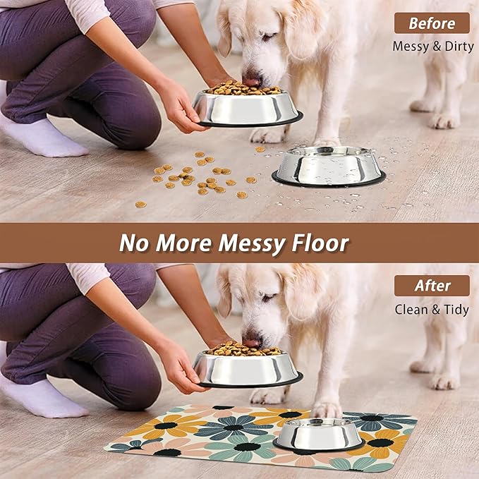 Abstract Daisy Flower Dog Food Mat for Floors,Retro Groovy Flowers Absorbent Pet Food and Water Bowl Mats,Non-Slip Pet Feeding Mat,Pet Supplies 12" x 20"