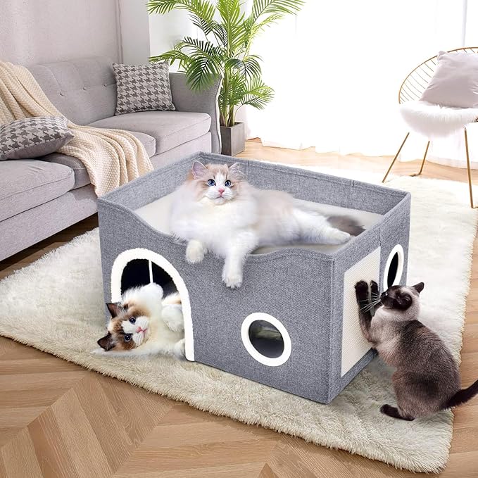 Heeyoo Cat House for Indoor Cats - Large Cat Bed Cave with Fluffy Ball and Scratch Pad, Foldable Cats Houses & Condos, Cat Hideaway, Covered Kitty Bed for Multi Small Large Kitty, 23.8x15.9x13.2 Inch
