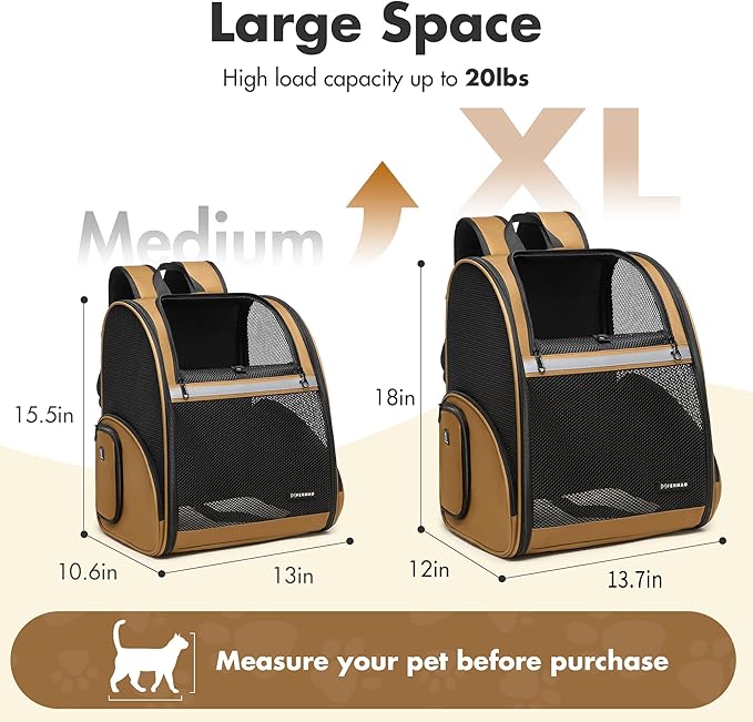 Pet Backpack Carrier, Large Cat Carrier Backpack Up to 20 Lbs with Breathable Mesh, for Medium Large Cats or Small Dogs, Travel Hiking Camping Backpack (Brown-XL)