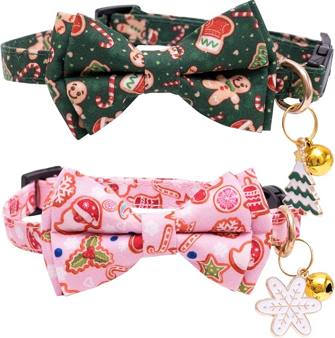 Faygarsle 2 Pack Christmas Cat Collars - Cute Holiday Collars with Bow Tie, Breakaway, Pink & Green, Winter, for Boy & Girl Cats