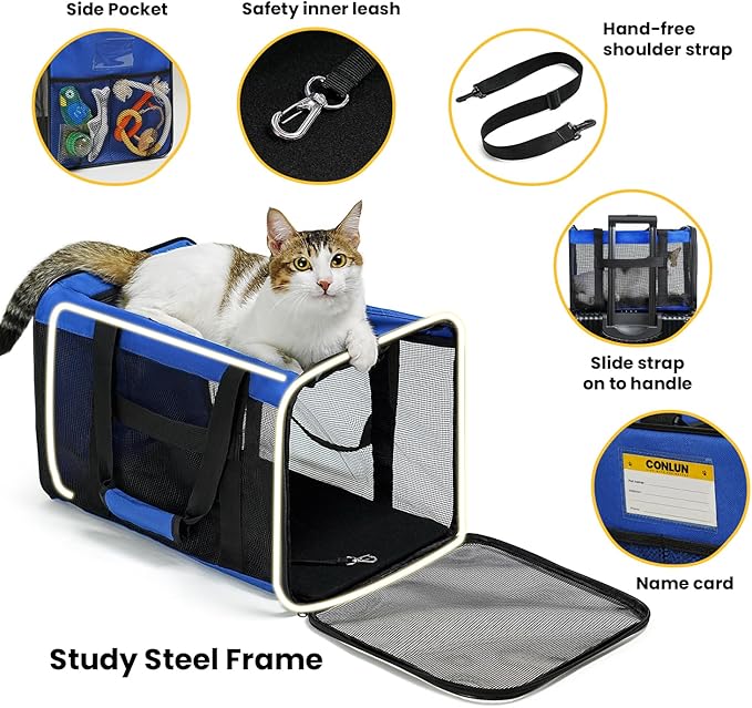 Cat Carrier Bag,Soft-Sided Pet Carriers for Dogs with 4-Sided Mesh,Airline Approved Cat Transport Carrier for Small&Medium Cats Kitten Puppy Up to 15LB,Collapsible Cat Travel Carrier-M,Blue