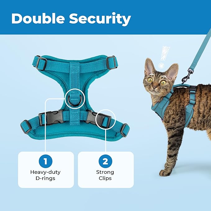 Voyager Escape-Proof Step-in Lock Cat Harness & 5ft Neoprene-Handle Leash Set All-Weather Mesh with Reflective Stitching for Small to Large Cats by Best Pet Supplies, Turquoise (327), XXXS
