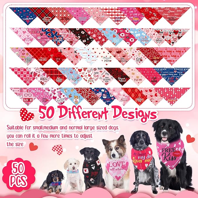 Chunful 50 Pcs Valentine's Day Dog Bandana Bulk with Sayings Pet Triangle Scarf Bibs Washable Puppy Kerchief Adjustable Grooming Supplies for Small Medium Large Dog Cat Accessory