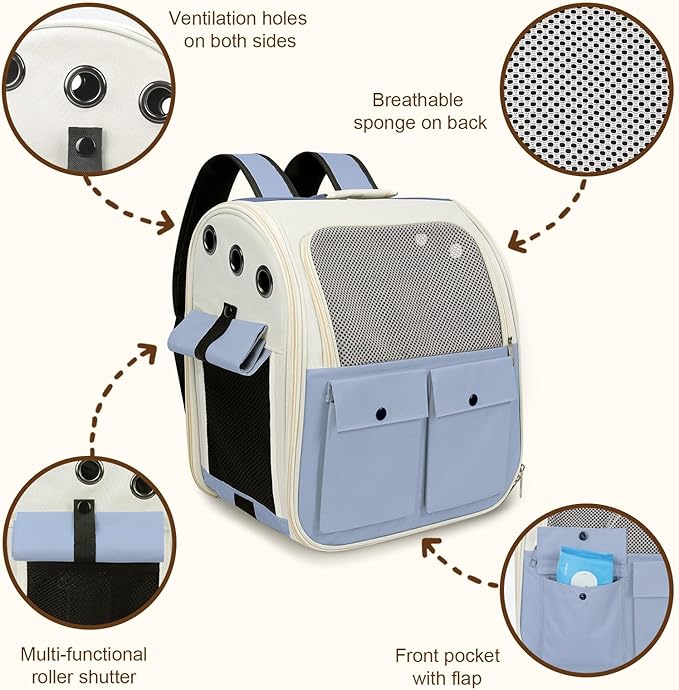 Airline Approved Cat Carrier Backpack - Ventilated Breathable Mesh for Small Dogs & Cats (15lbs), Soft Sided Dog Backpack for Hiking, Camping, Travel & Vet Visits with Padded Straps (Blue)
