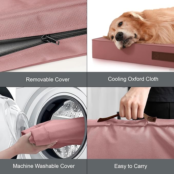 Outdoor Dog Bed for Medium Dogs, Waterproof Dog Crate Mat Orthopedic Egg Crate Foam Pet Bed with Washable Removable Oxford Cover, Pink