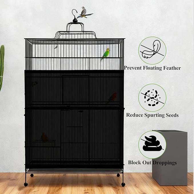 Bird Cage Seed Catcher, Bird Cage Net, Large Stretchy Form Fitting Mesh Skirt Cover, Adjustable Soft Airy Nylon Mesh Net, Birdcage Cover Skirt Seed Guard for Parrot Parakeet Macaw (Black)
