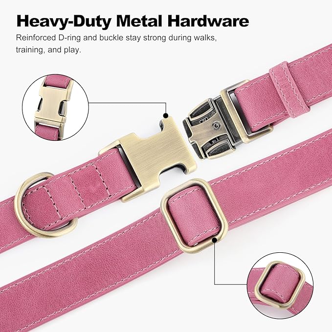 Plutus Pet Genuine Leather Dog Collar – Adjustable Pet Collar with Quick Release Metal Buckle, Soft Real Leather for Small Medium Large Dogs, Heavy Duty & Skin-Friendly (Pink, M)