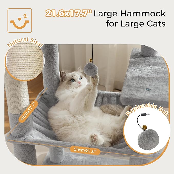 54" Cat Tree with Big Hammock 21x17” XL Cat Tower with Scratching Posts Featuring Large Top Bed, Scratcher Pad, Spacious Condo House and Detectable Ball for Indoor Cats-Large Gray