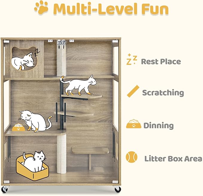 Lovupet Wooden Cat House with Scratching Posts, Luxury Large Cat Condo with Lockable Wheels, Indoor Kitten Cage with Escape Door, GC11