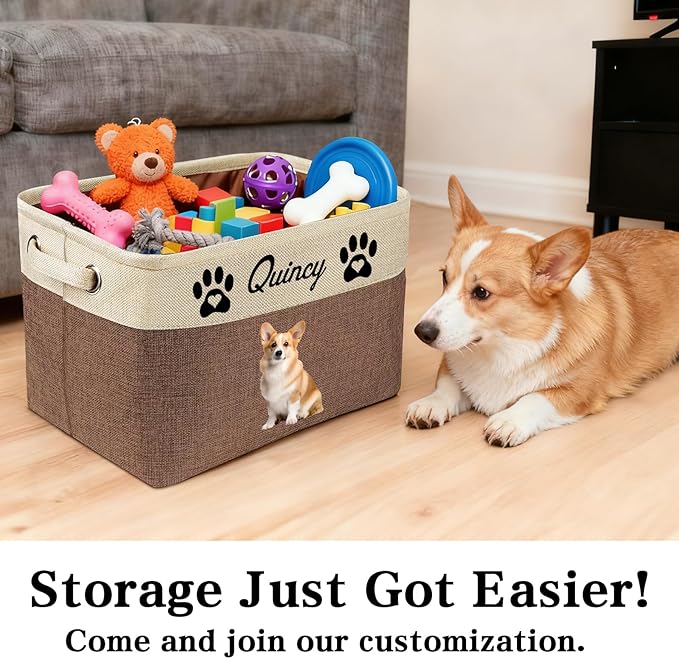 Personalized Dog Toy Storage Basket Custom Dog Name Photo Cat Pet's Gift Baskets Collapsible Organizer Box Foldable Storage Basket with Handle for Toys, Coats, Clothing, Blankets, Brown