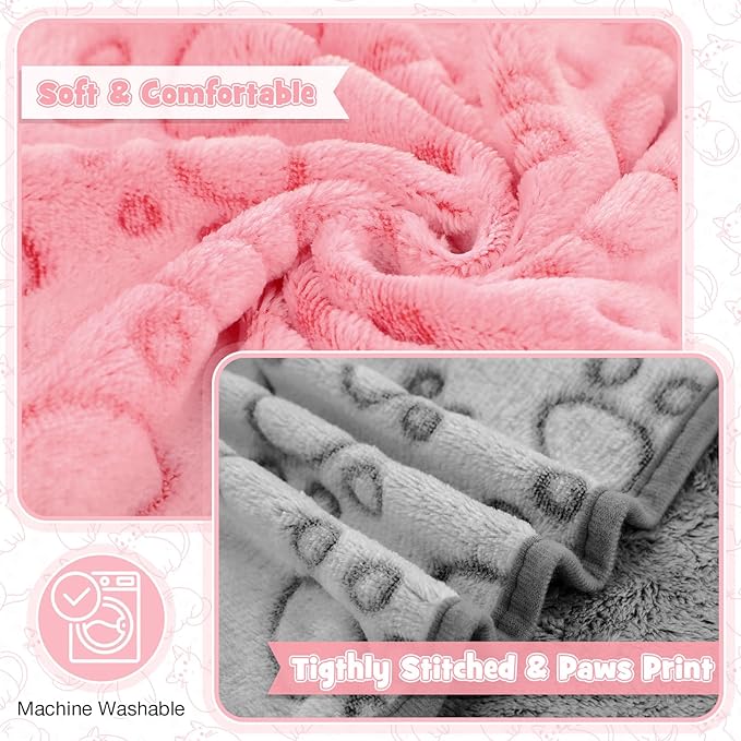 Tegeme 12 Pcs Pet Blankets Soft Fluffy Fleece Dog Cat Warm Paw Print Pattern Blankets Flannel Throw for Pets Dog Puppy Cat(30 x 20 Inch,Pink,Gray,Blue)