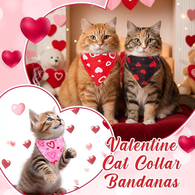 Sanwuta 10 Pcs Mother's Day Cat Collar Bandanas, Breakaway Adjustable Kitty Triangle Scarf with Red Pink & Black Heart Prints, Cute Cat Costume for Mom Gift, Photos & Spring Party