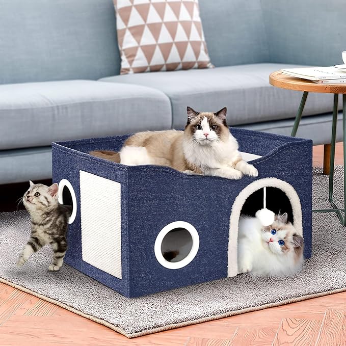 Heeyoo Cat House for Indoor Cats - Large Cat Bed Cave with Fluffy Ball and Scratch Pad, Foldable Cats Houses & Condos, Cat Hideaway, Covered Kitty Bed for Multi Small Large Kitty, 23.8x15.9x13.2 Inch