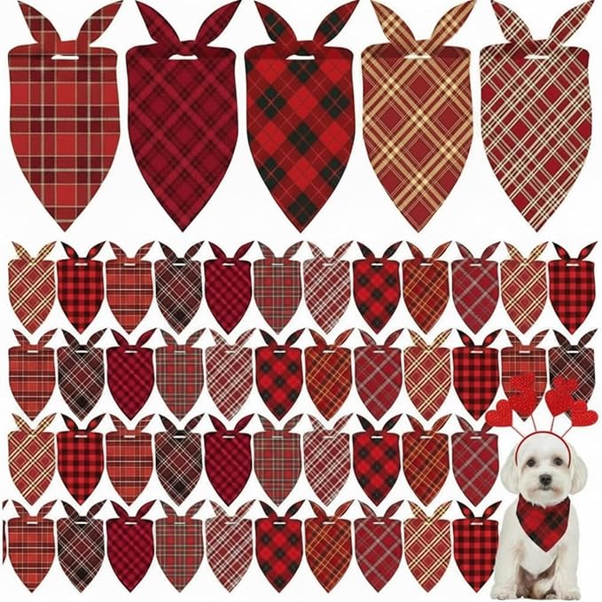 Weewooday 50 Pcs Valentine's Day Red Plaid Dog Bandanas Bulk for Dogs Soft Bibs Adjustable Triangle Bandana for Small Medium Large Pet Costume(25.6 x 17.7 x 17.7 Inch)