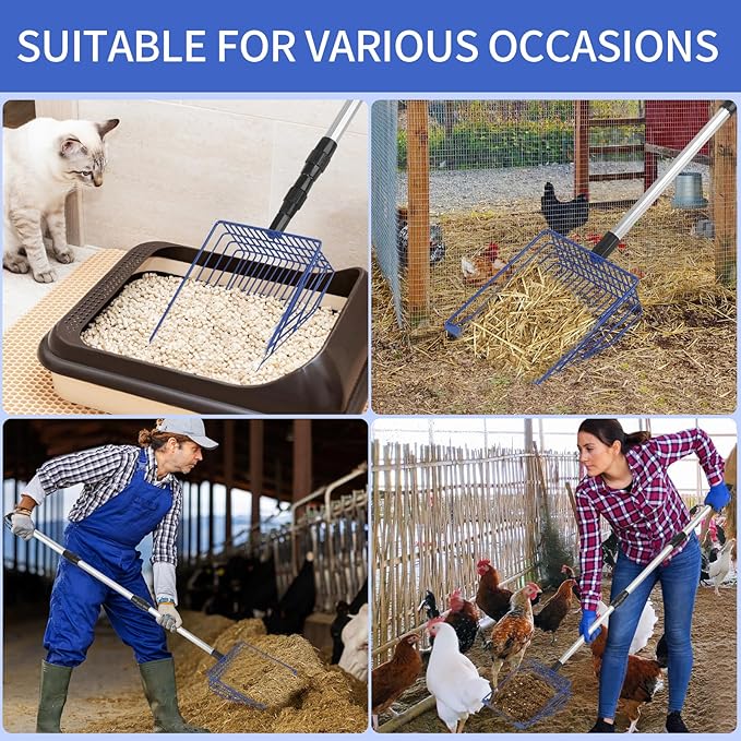 Jonkehai Chicken Poop Scooper 6inch Metal Chicken Litter Scoop Extendable Metal Cat Litter Scoop 23 to 42" Long Chicken Coop Litter Scoop Litter Sifting Shovel Chicken Coop