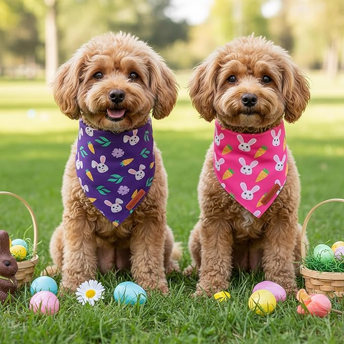 ADOGGYGO Easter Dog Bandana 2 Pack, Bunny Carrot Print Triangle Pet Scarf, Premium Fabric, Reversible Purple Pink Easter Bandana for Small Dogs (Small)