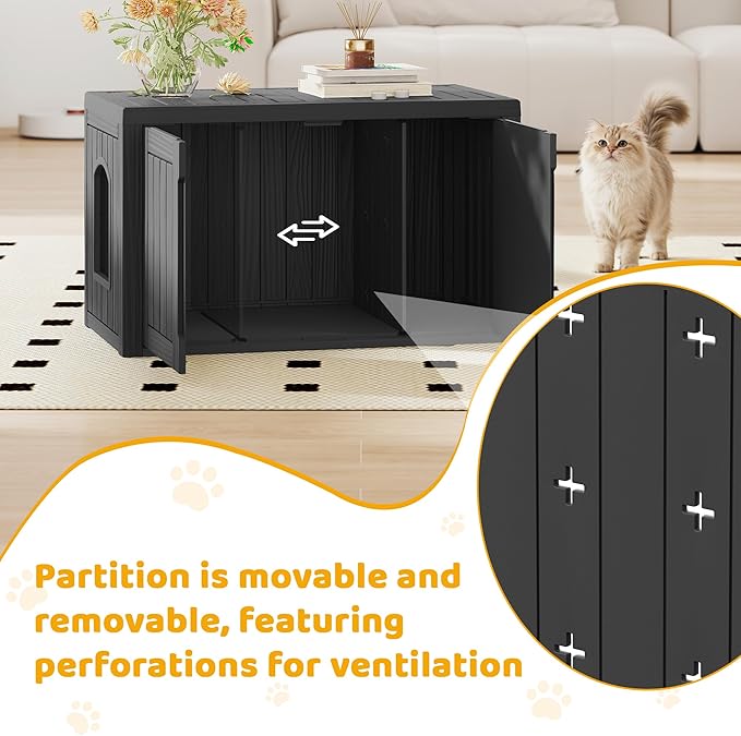 Cat Litter Box Enclosure, Multi-Functional Hidden Enclosed Litter Box Furniture with Adjustable Partition, Indoor Outdoor Cat House Weatherproof, Side Table, Easy to Clean & Assemble, Black