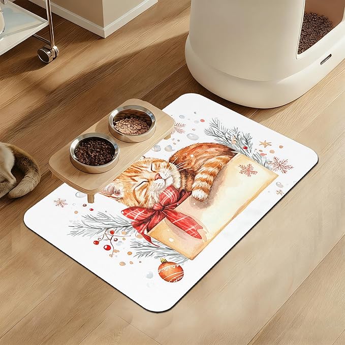 Cat Dog Cat Food Mat–Christmas Stocking Absorbent Waterproof Placemat for Food and Water Bowls, Non Slip Rubber Backing, Feeding Mat for Clean Floors 12"x20"