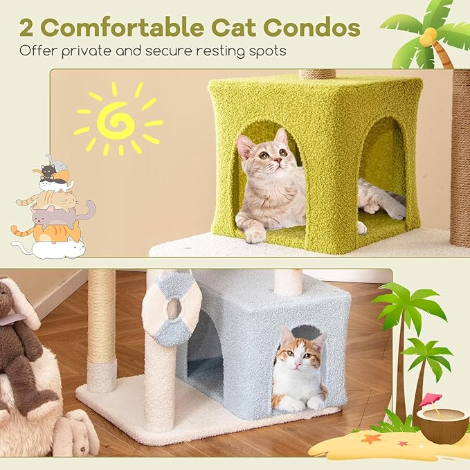 Tangkula 71 Inch Tall Cat Tree, Multi-Level Aesthetic Beach-Themed Cat Tower with Sisal & Jute Scratching Posts, 2 Cat Condos, Perch, Artificial Plant, Hanging Toys, Indoor Cat Activity Center