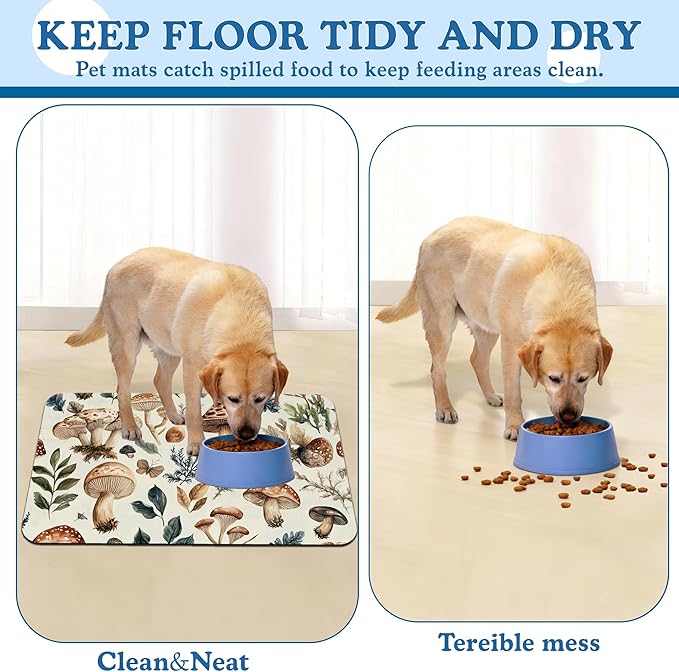 Vintage Mushroom Floral Dog Cat Food Mat–Christmas Stocking Absorbent Waterproof Placemat for Food and Water Bowls, Non Slip Rubber Backing, Feeding Mat for Clean Floors 12"x20"