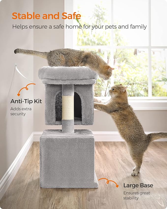 Feandrea Cat Tree, 26.4-Inch Cat Tower, Plush Condo for Kittens up to 7 lb, Large Perch, 2 Caves, Scratching Post, Light Gray UPCT611W01