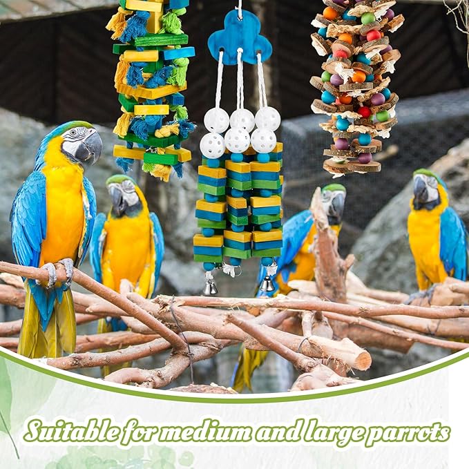 3 Pcs Extra Large Bird Parrot Toy Multicolored Natural Wooden Parrot Cage Chewing Toys for Large Medium Macaws Cockatoos African Grey Birds (Blue Block)