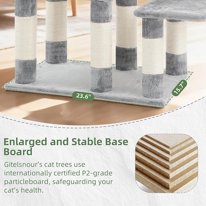 Cat Tree for Indoor Cats Large Adult, Heavy Duty Cat Tree for Large Cats 20 lbs+, Cat Condo with Big Wooden Perch, Cat Tower with 14 Scratching Posts, Hammock, Light Gray GCT023W
