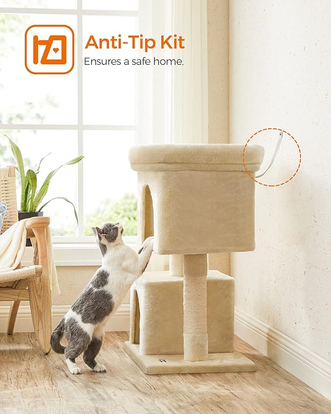 Feandrea Cat Tree, 33.1-Inch Cat Tower, Plush Condo for Large Cats up to 16 lb, Large Perch, 2 Caves, Scratching Post, Beige UPCT61M