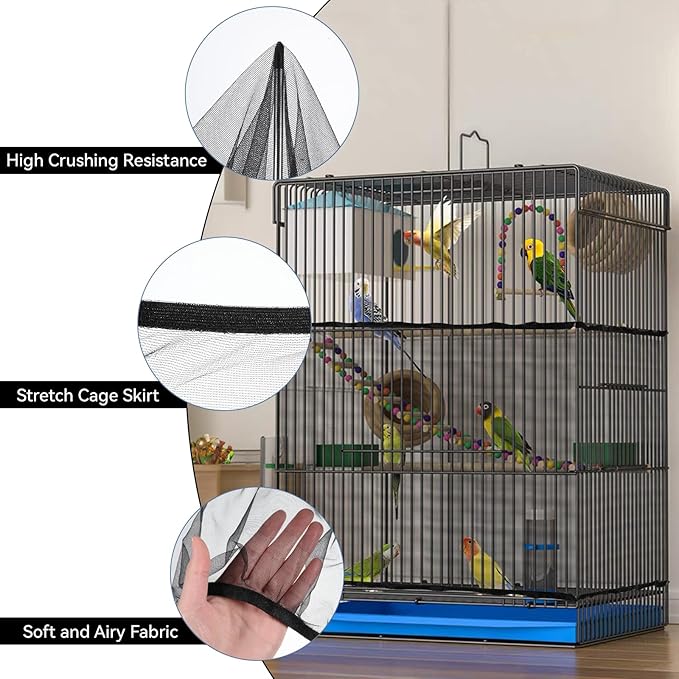 Large Bird Cage Seed Catcher, Stretchy Bird Cage Cover, Soft Nylon Mesh Skirt, Parrot Birdcage Net, Ventilate Dustproof Cover for Parrot Parakeet Macaw African (Black)
