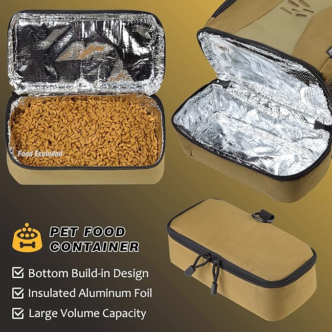 DBTAC Tactical Pet Backpack for Small Dogs & Cats - Compact Travel Bag with Insulated Pocket & 1x Detachable Food Container Included | Outdoor Hiking, Road Trip, Airplane Approved (Brown)