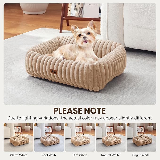 Washable Dog Bed for Small Medium Dogs - Rectangle Orthopedic Corduroy Fleece Pet Bed with Removable Cover and Nonskid Bottom, Calming Puppy Bed Soft Pet Sofa, Camel(20x19x6inchs)