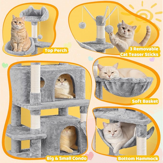Yaheetech Cat Tree, 67in Large Tower w/ 3 Removable Teaser Sticks, 2 Kitten-Ear Shaped Perches, 2 Condos, Hammock, Scratching Post, Multi Level Pet House, Light Gray