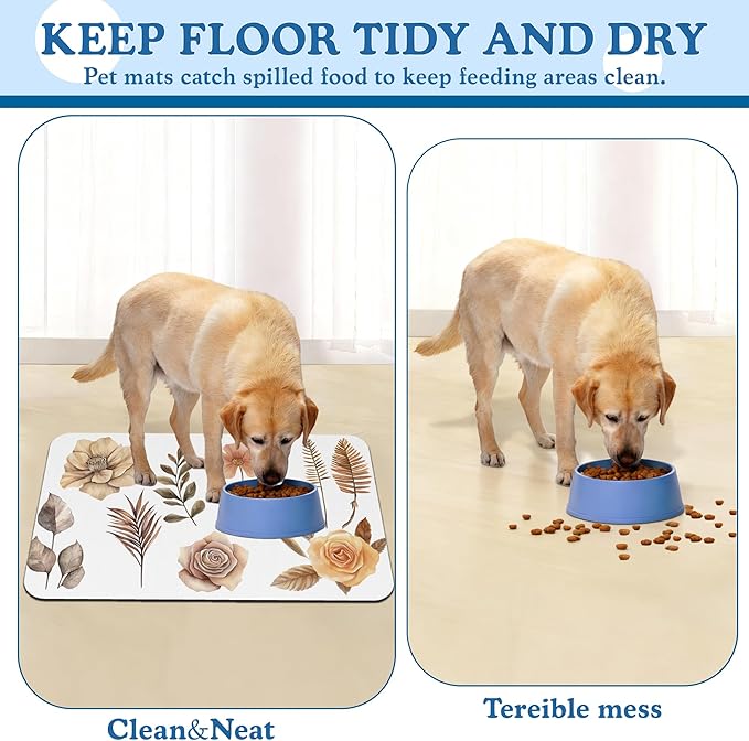 Floral Palm Leaves Dog Cat Food Mat–Christmas Stocking Absorbent Waterproof Placemat for Food and Water Bowls, Non Slip Rubber Backing, Feeding Mat for Clean Floors 12"x20"