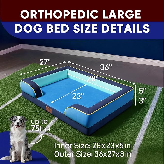 Comfort Expression Orthopedic Dog Bed for Large Dogs 36x27 Inch, Waterproof Egg Crate Foam Large Pet Bed with Removable Bolsters, Dog Couch with Washable Cover & Non-Slip Bottom, New Jersey