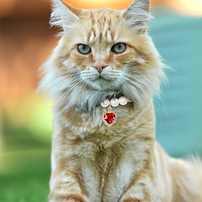 2pcs Cat Pearl Collar with Heart Pendant, Cute Pearl Pet Necklace in Small, Adjustable Wedding Party Small Dog Jewelry Accessories for Puppy Kitten- White & Red
