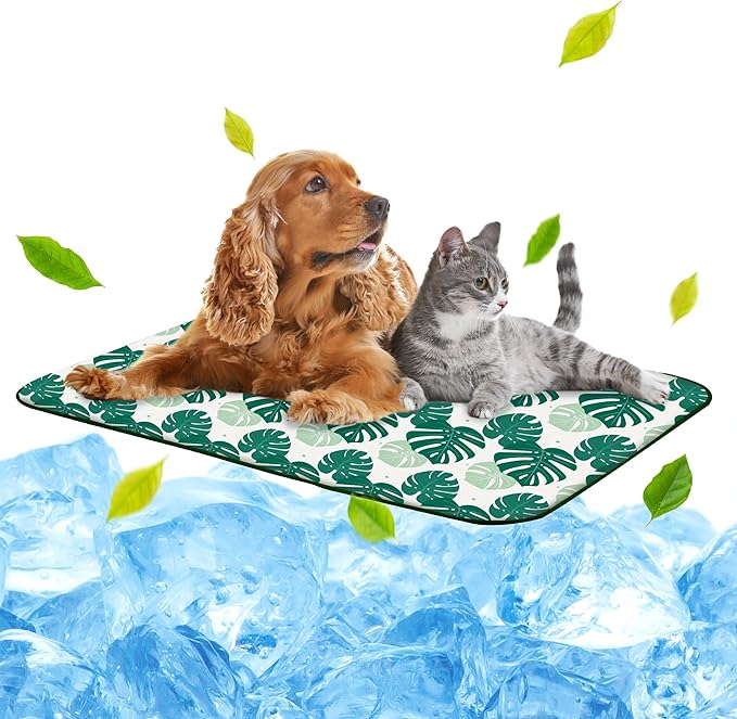 NWK Pack of 4 Pet Cooling Mat - Ice Silk Cooling Mat for Dogs & Cats Portable & Washable Pet Cooling Blanket, Car Seats, Beds for Summer (4pcs, Green Leaf, 39’’ X 27’’ X 0.3)
