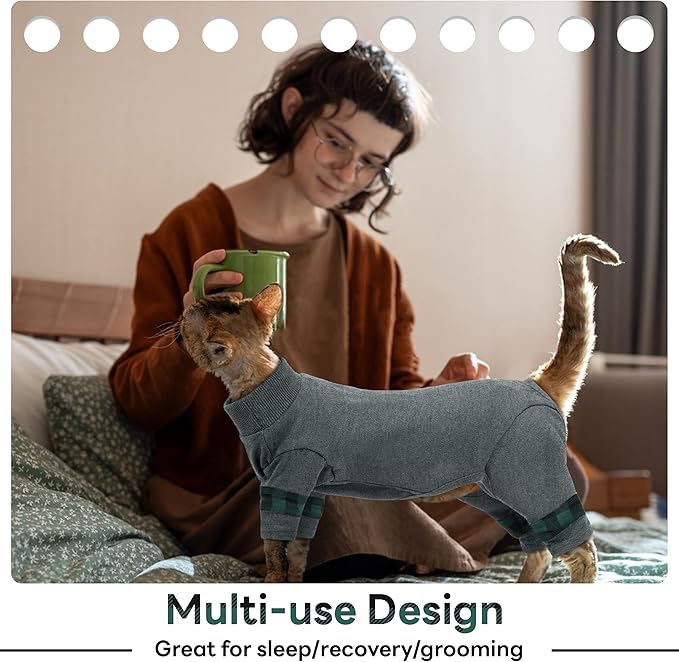 PUMYPOREITY Cat Pajamas, Stretchy 4-Leg Design with Back Buckles for Easy On/Off, Soft Cat Recovery Suit Reduce Wound Licking After Surgery, Kitten Onesie - Machine Washable, XS, Grey