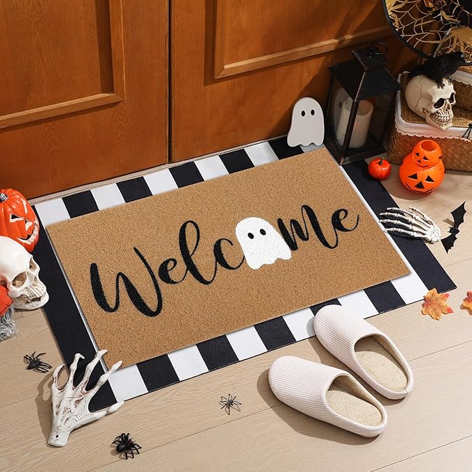 Tinideya 2 Pcs Door Mat Welcome Non Slip Coir Mats Floor Layering Doormats Seasonal for Front Porch Entryway Decor(White Ghost)