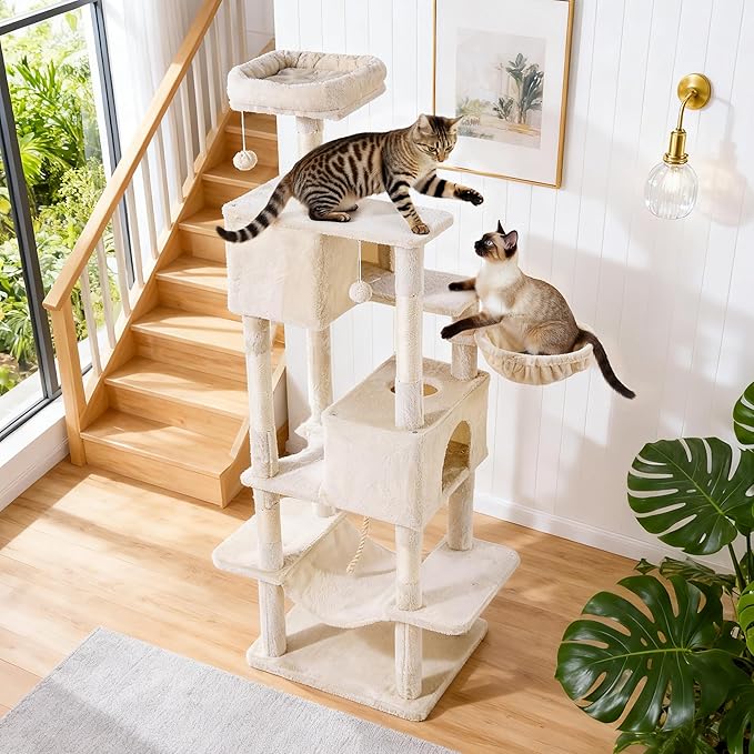Cat Tree for Indoor Cats, 66 Inches Cat Tower with Scratching Post, Multi-Level Climbing Tree Cat House Padded Plush Perch, Cat Condo Activity Center with Pompoms, Kittens Pet Play House, Beige