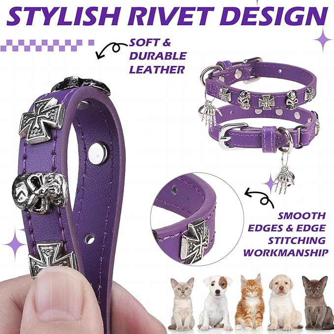 EXPAWLORER Leather Cat Collar for Girl Boy- Adjustable Pet Collar with Safety Elastic Belt,Personalized Punk Accessories Buckle Collars with Bell & Durable D-Ring, Skull(Purple)