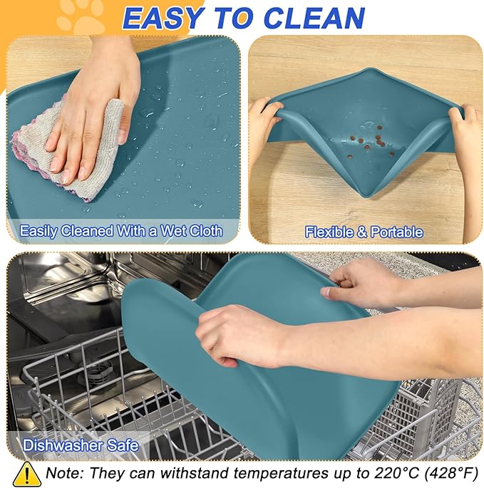 Silicone Pet Feeding Mat with Raised Edge for Food and Water, Dog Bowl Mats, Cat Bowls Placemat with High Lip for Floor Waterproof, Rubber Tray for Cats and Dogs 19 x 12 x0.7 Slate Blue