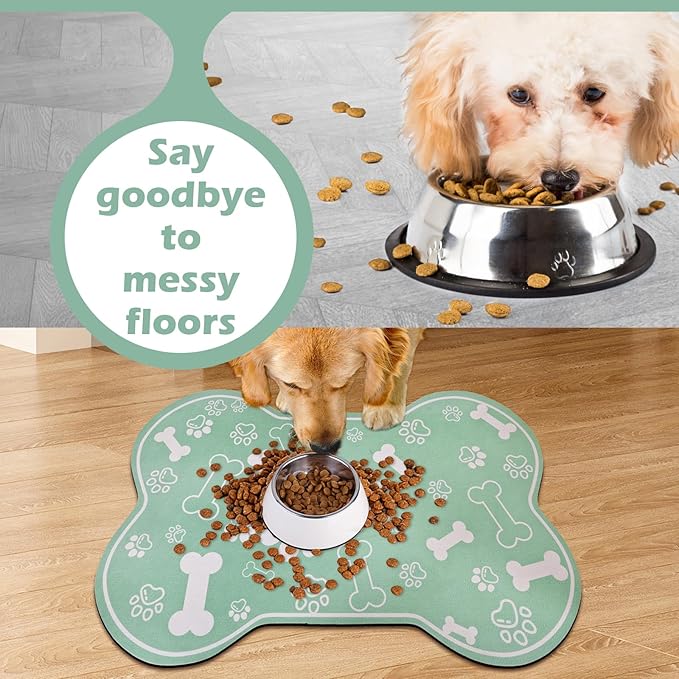 Dog Cat Mat for Food and Water,Rapid Absorbent Pet Feeding Mat, Bone Shaped Dog Placemat Bowl Mat with Rubber Backing,No Stains Pet Food Mats Indoor, Pet Accessories Supplies,Green 17"×29"