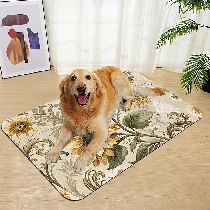 Vintage Sunflower Pet Feeding Mat for Floors–Christmas Stocking Absorbent Quick Dry Dog Cat Bowl Mat for Food and Water, Non Slip Waterproof Base, Mess-Free Feeding Accessories 16"x24"