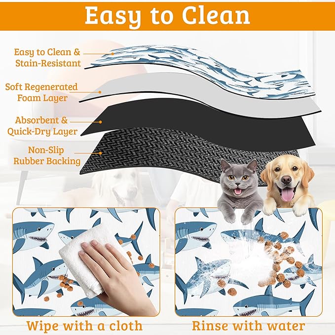 Shark Dog Food Mat,Wild Fish Absorbent Pet Feeding Mat for Food and Water Bowl,Quick Dry Dog Placemat Non Slip Rubber Backing Waterproof Pet Supplies 12" x 20"