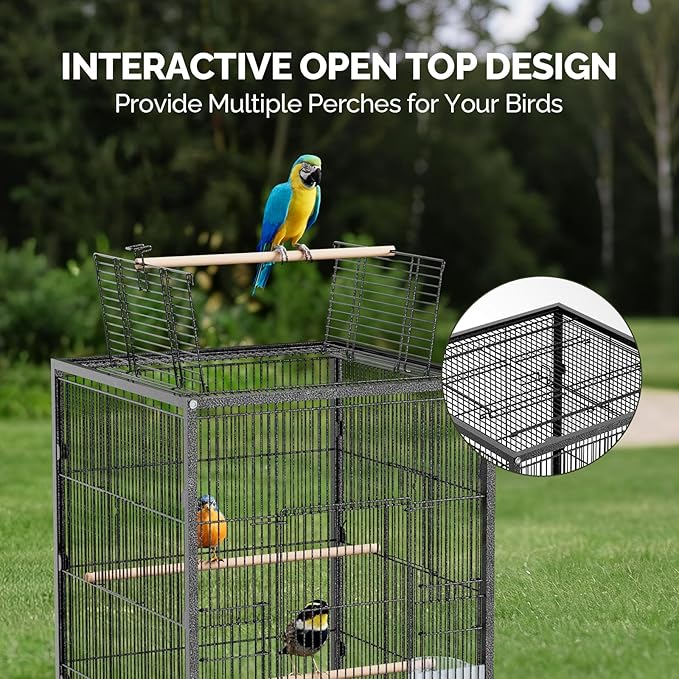 VINGLI Bird Cage with Wheels, Durable Wrought Iron Parakeet Cage with Slide Out Tray, Black Bird Cages for Parakeets/Lovebird/Cockatiels/Budgies and Other Small/Medium Birds (Medium-38 inch)