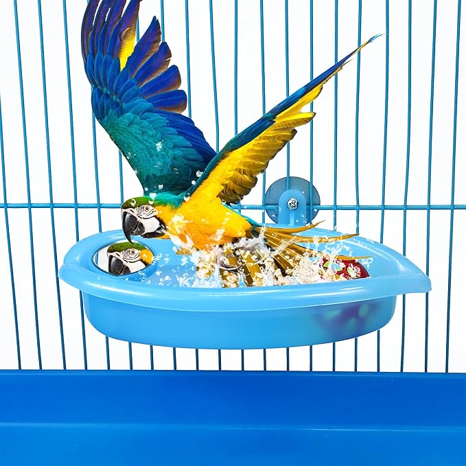 Bird Bath for Cage, Bird Bath Toy with Small Double-Sided Mirror, Birdbath Cage Accessory with Small Bells for Small Birds Parrots Cockatiel Budgies
