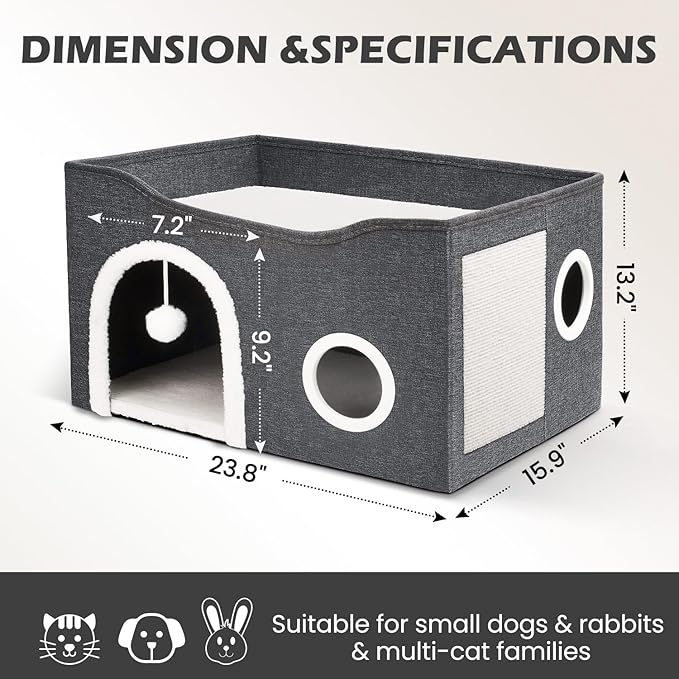 Heeyoo Cat House for Indoor Cats - Large Cat Bed Cave with Fluffy Ball and Scratch Pad, Foldable Cats Houses & Condos, Cat Hideaway, Covered Kitty Bed for Multi Small Large Kitty, 23.8x15.9x13.2 Inch